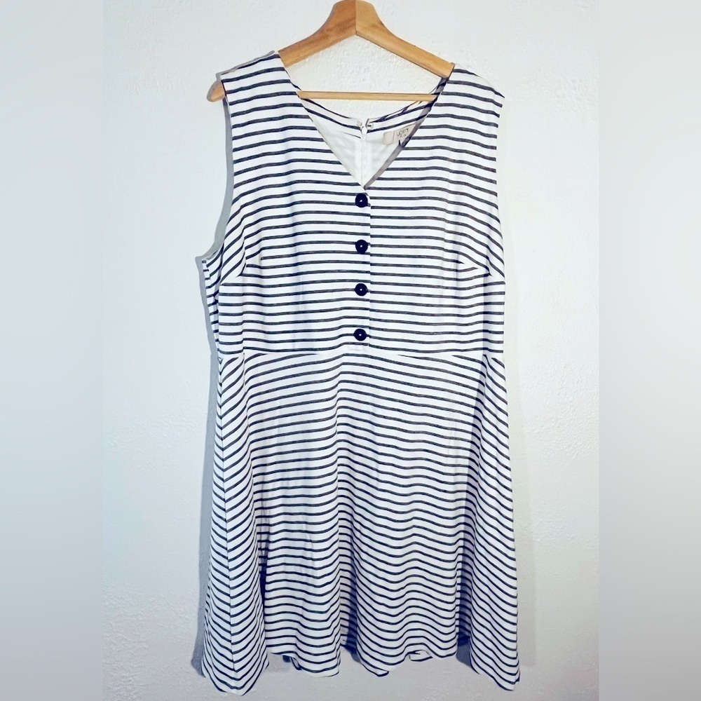 Loft  Plus Size 22 Black Striped A Line Sleeveless V Neck Stretch Dress - Picture 2 of 6